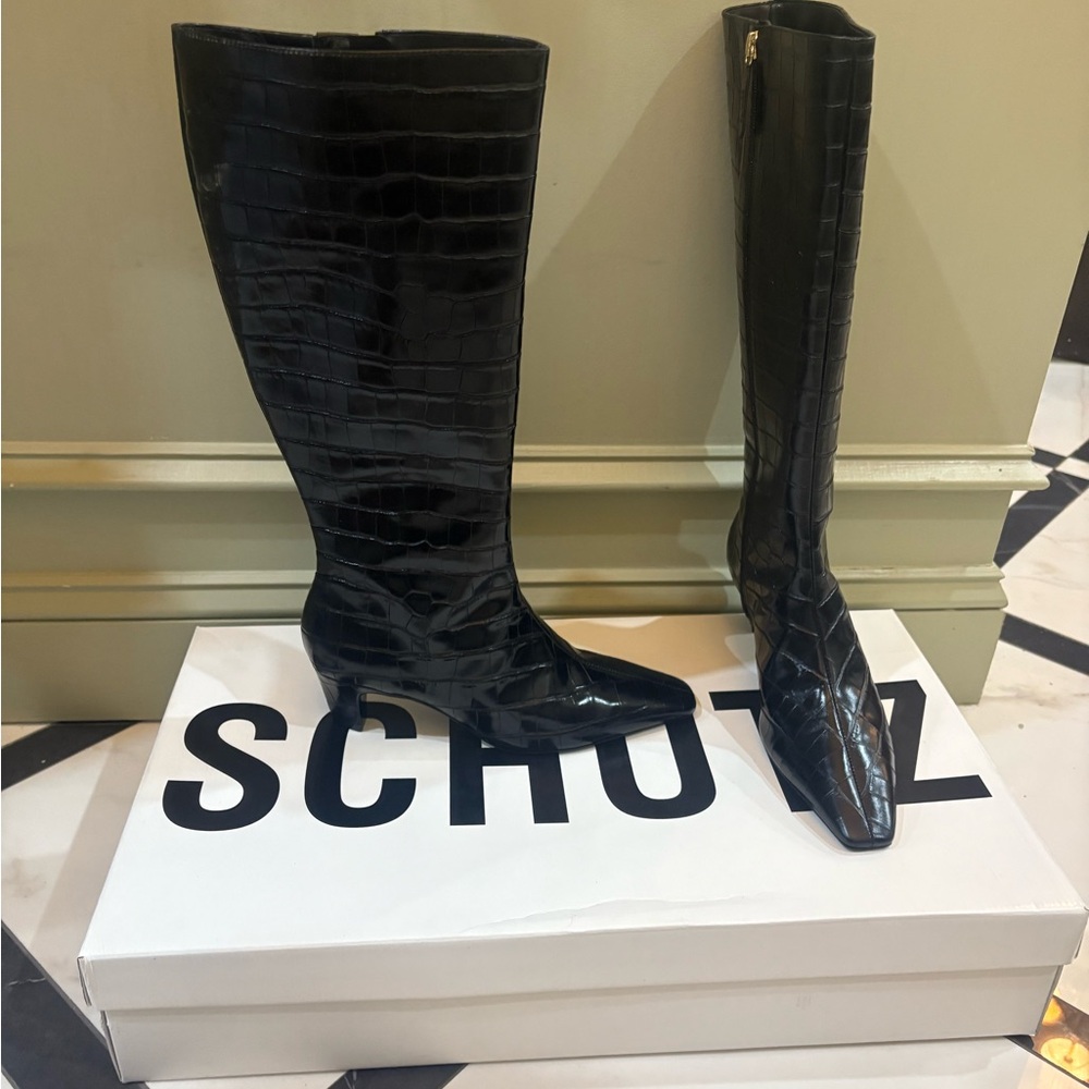 SCHUTZ Black Croc-Embossed Heeled Boots, DELILAH